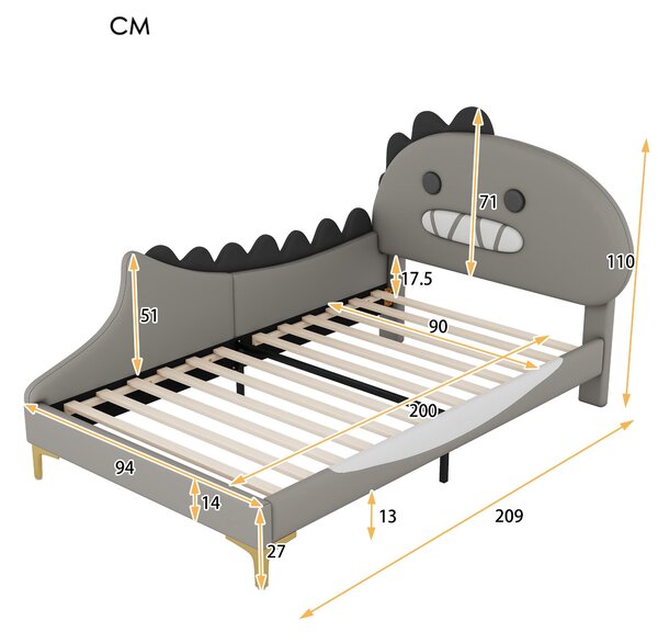 Lettino Imbottito A Forma Di Dinosauro 140x200cm - Letto Matrimoniale Bambini, Beige, Con Ripiani