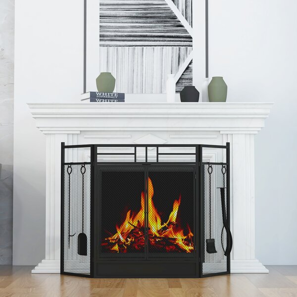 HOMCOM Parascintille Camino Moderno, Parafuoco Pieghevole con 2 Porte in Metallo Nero, 122x1.6x80cm|Aosom
