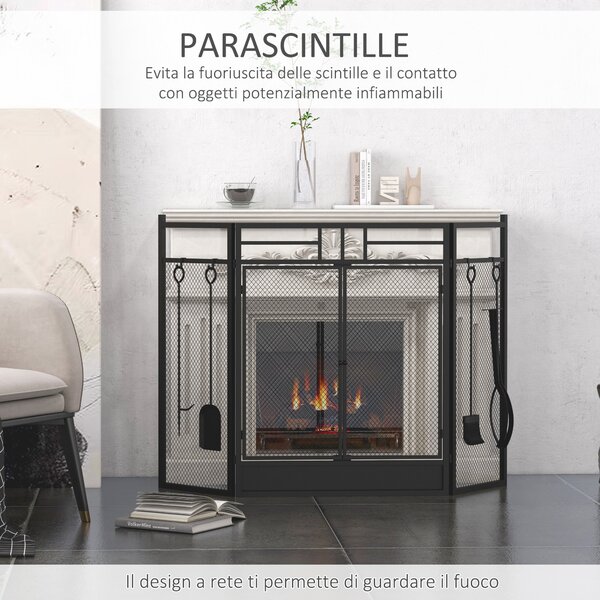 HOMCOM Parascintille Camino Moderno, Parafuoco Pieghevole con 2 Porte in Metallo Nero, 122x1.6x80cm|Aosom