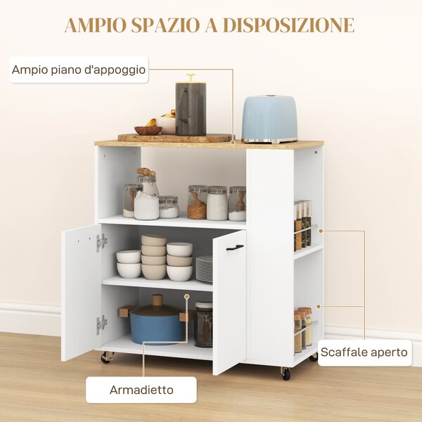 HOMCOM Carrello Cucina in Legno con Ripiano Aperto, Armadietto e Scaffale Laterale, 75x40x80.5 cm, color Rovere e Bianco