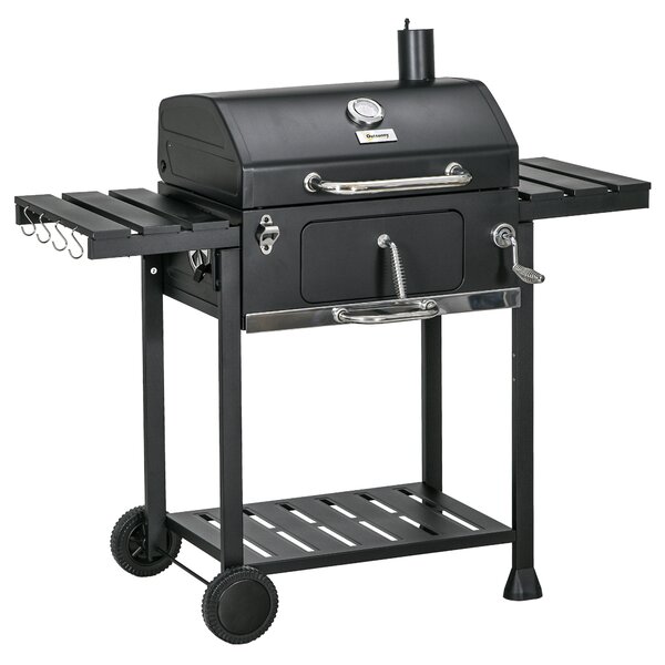 Outsunny Barbecue a Carbone con Griglia Regolabile, Coperchio e Termometro, Ruote e Tavolini, Nero | Aosom Italy