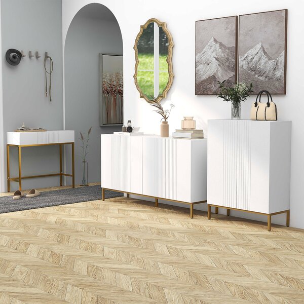HOMCOM Credenza Moderna a righe verticali con 2 armadietti e 2 ante, Chiusura Ammortizzata e Mensole Regolabili, 140x40x75cm, Bianco e Oro|Aosom Italy