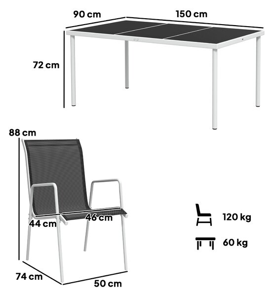 Outsunny Set da Giardino con Tavolo in Vetro e 6 Sedie Impilabili in Acciaio e Textilene, Nero|Aosom