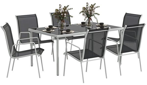 Outsunny Set da Giardino con Tavolo in Vetro e 6 Sedie Impilabili in Acciaio e Textilene, Nero|Aosom