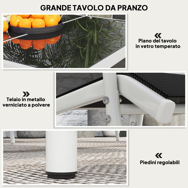 Outsunny Set da Giardino con Tavolo in Vetro e 6 Sedie Impilabili in Acciaio e Textilene, Nero|Aosom