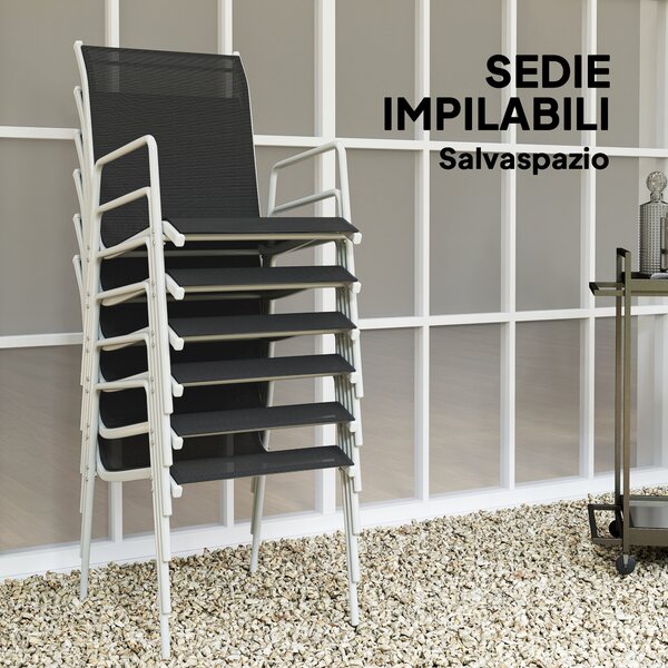 Outsunny Set da Giardino con Tavolo in Vetro e 6 Sedie Impilabili in Acciaio e Textilene, Nero|Aosom