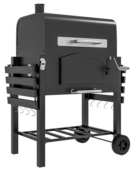 Outsunny Barbecue da Giardino a 2 Ruote con Griglia, Affumicatore e Fornello, in Metallo e Ghisa, 124x66x112 cm, Nero|Aosom