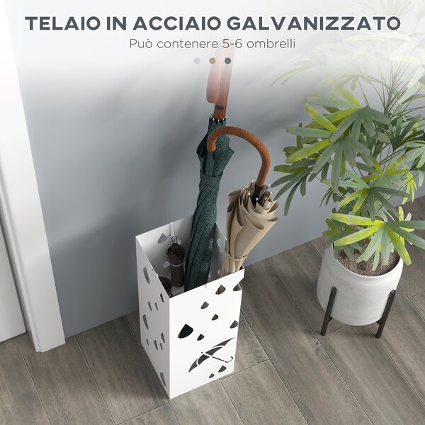 HOMCOM Portaombrelli in Metallo con 4 Ganci e Vaschetta Raccogligocce, 15.5x15.5x41cm, Bianco