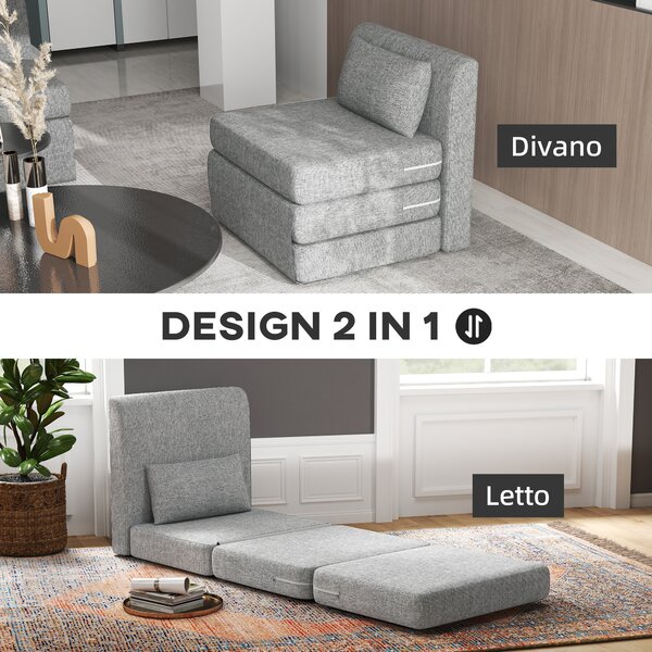 HOMCOM Poltrona Letto Pieghevole da Terra a 3 Sezioni Salvaspazio in Tessuto, 80x75x74 cm, Grigio