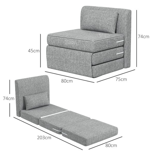 HOMCOM Poltrona Letto Pieghevole da Terra a 3 Sezioni Salvaspazio in Tessuto, 80x75x74 cm, Grigio