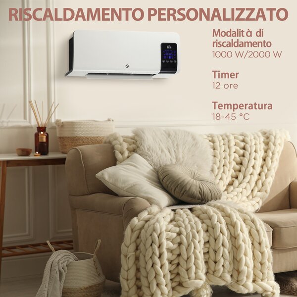 HOMCOM Termoventilatore da Parete Oscillatorio per Casa e Ufficio con Timer 24h e 2 Modalità di Riscaldamento, 54.5x12x21.5 cm, Bianco