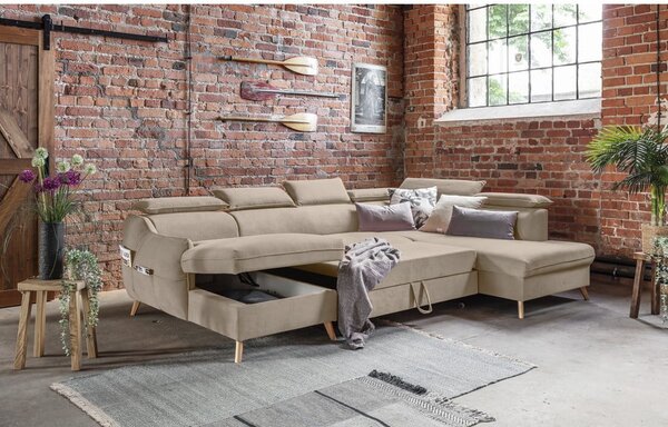 Divano letto angolare in velluto beige a "U" (angolo destro) Sweet Harmony - Miuform