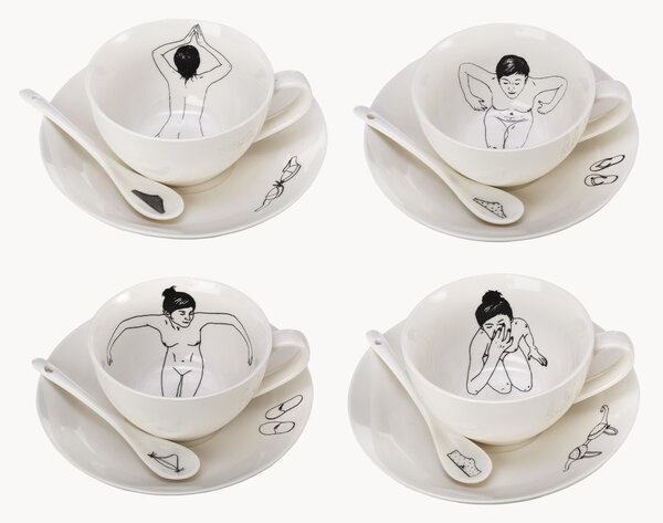 Set di 4 tazzine da caffè dipinte a mano con piattino e cucchiaino Undressed