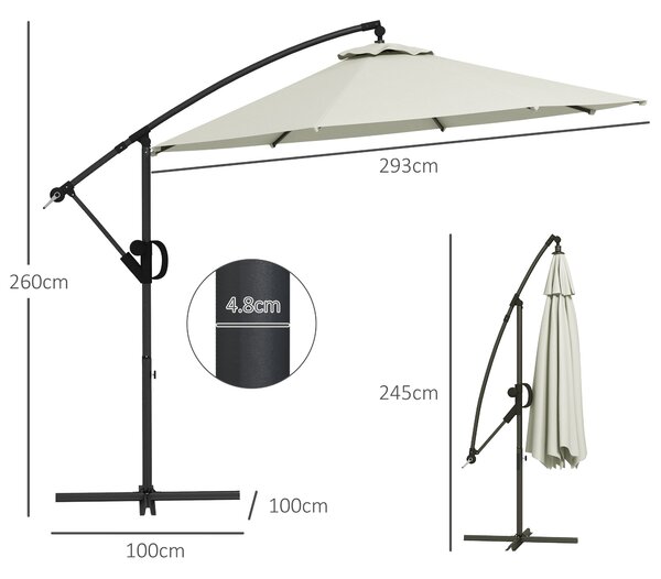 Outsunny Ombrellone a Braccio a 8 Stecche con Base a Croce, in Alluminio, Metallo e Poliestere, Ø293x260 cm, Crema|Aosom