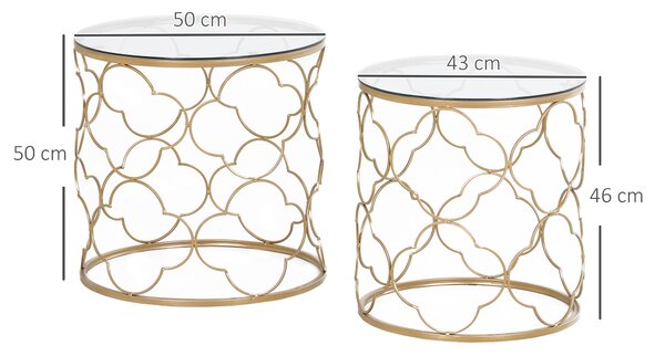 HOMCOM Set di 2 Tavolini da Salotto Impilabili Art Deco in Metallo con Piano in Vetro, Oro|Aosom