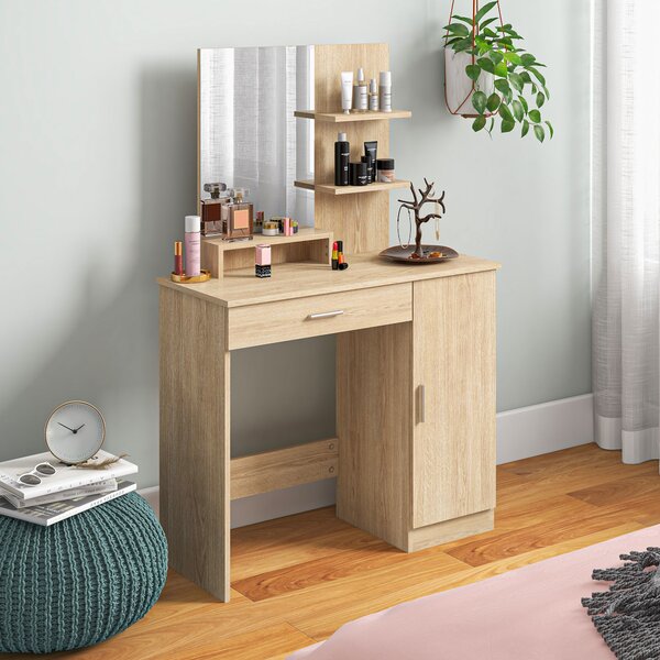 HOMCOM Tavolo per Trucco in Truciolato con Mobiletto, Cassetto, Ripiani Aperti e Specchio, 90x38x138 cm|Aosom