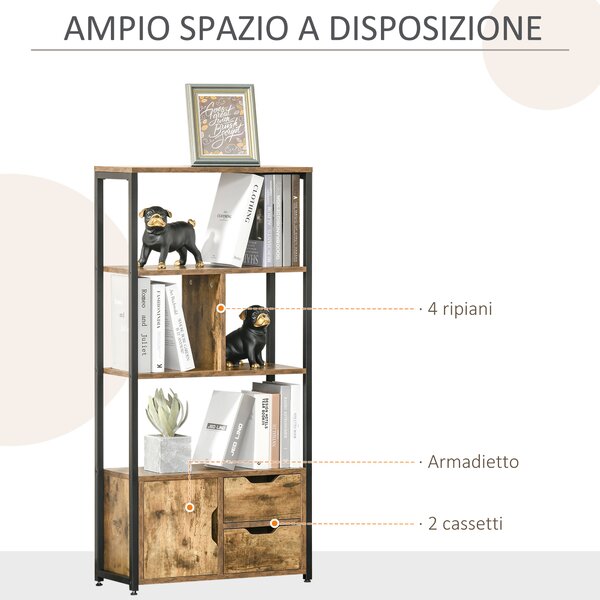 HOMCOM Mobile Libreria con 3 Ripiani, Armadietto e 2 Cassetti, in Truciolato e Metallo, 58x24x122 cm|Aosom