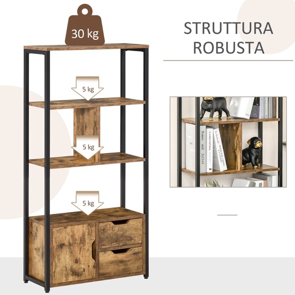 HOMCOM Mobile Libreria con 3 Ripiani, Armadietto e 2 Cassetti, in Truciolato e Metallo, 58x24x122 cm|Aosom