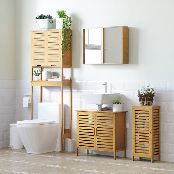 Kleankin Armadietto Bagno in Bambù con Ripiano Interno Regolabile, 30x19.9x70 cm, color Legno