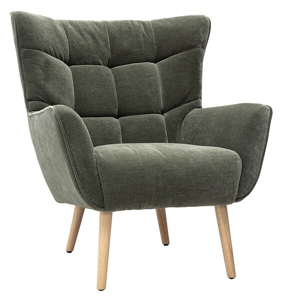 Poltrona scandinava in tessuto effetto velluto verde kaki e legno chiaro AVERY