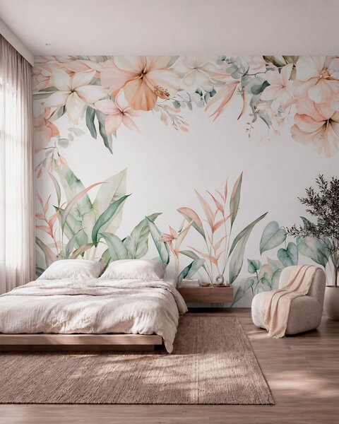 Carta da parati Una composizione tropicale di fiori e piante in stile acquerello, dai toni delicati, Carta da parati Acquerello, w05870 : Uwalls.it