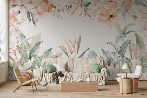 Carta da parati Una composizione tropicale di fiori e piante in stile acquerello, dai toni delicati, Carta da parati Acquerello, w05870 : Uwalls.it