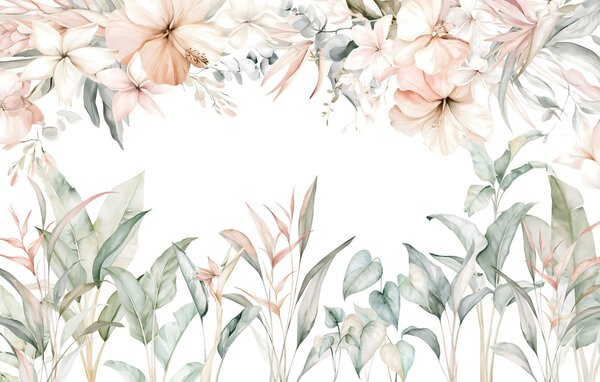 Carta da parati Una composizione tropicale di fiori e piante in stile acquerello, dai toni delicati, Carta da parati Acquerello, w05870 : Uwalls.it