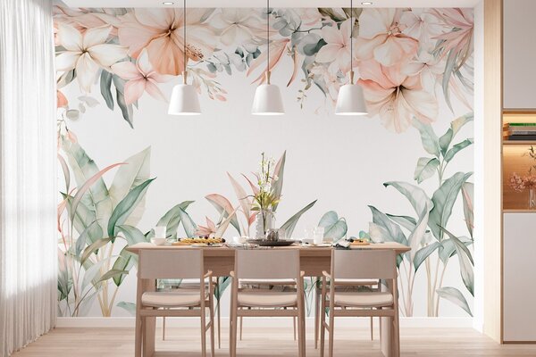 Carta da parati Una composizione tropicale di fiori e piante in stile acquerello, dai toni delicati, Carta da parati Acquerello, w05870 : Uwalls.it