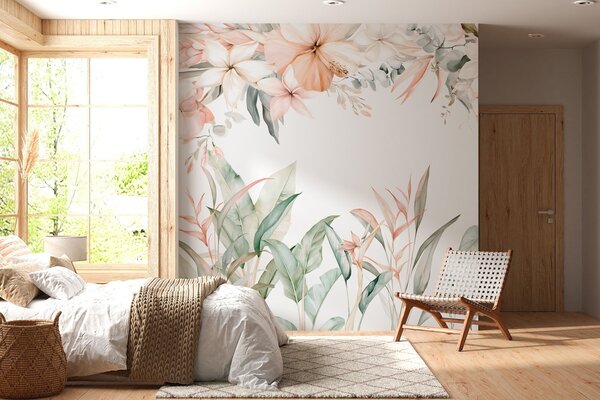 Carta da parati Una composizione tropicale di fiori e piante in stile acquerello, dai toni delicati, Carta da parati Acquerello, w05870 : Uwalls.it