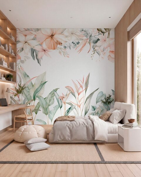 Carta da parati Una composizione tropicale di fiori e piante in stile acquerello, dai toni delicati, Carta da parati Acquerello, w05870 : Uwalls.it