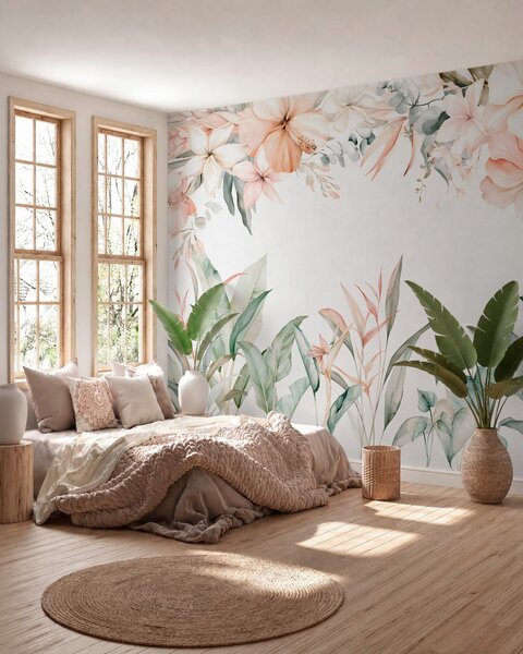 Carta da parati Una composizione tropicale di fiori e piante in stile acquerello, dai toni delicati, Carta da parati Acquerello, w05870 : Uwalls.it