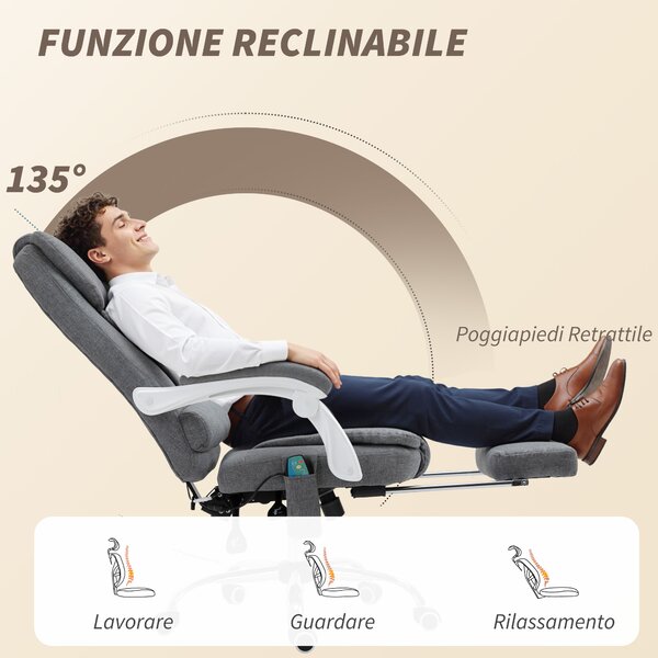 Vinsetto Poltrona da Ufficio con Telecomando e 6 Punti di Massaggio, in Tessuto misto velluto e lino, 67x79x111-121 cm, Grigio | Aosom Italy