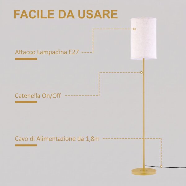 HOMCOM Lampada da Terra con Interruttore a Catena, Paralume in Lino e Base in Acciaio, Attacco E27, Oro e Crema | Aosom Italy