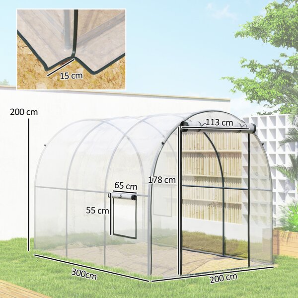 Outsunny Serra a Tunnel 3x2x2m con Porta Avvolgibile e Finestre a Rete in Acciaio e Plastica, Trasparente | Aosom Italy
