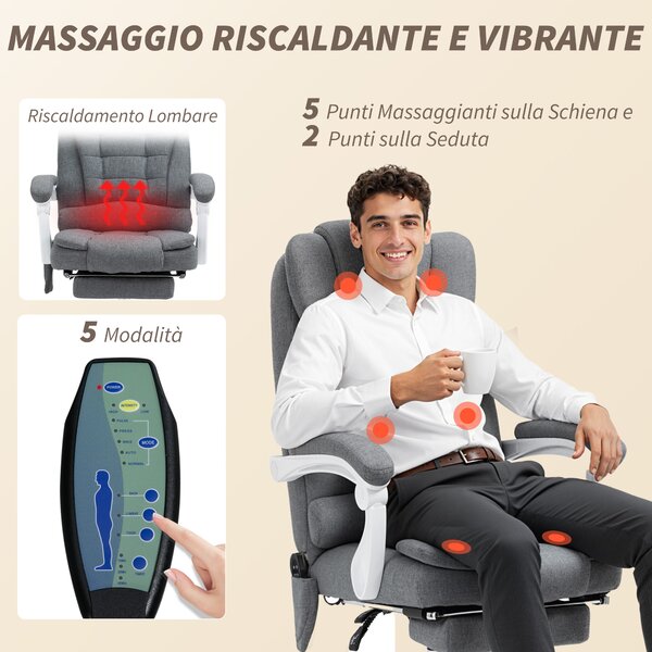 Vinsetto Poltrona da Ufficio con Telecomando e 6 Punti di Massaggio, in Tessuto misto velluto e lino, 67x79x111-121 cm, Grigio | Aosom Italy