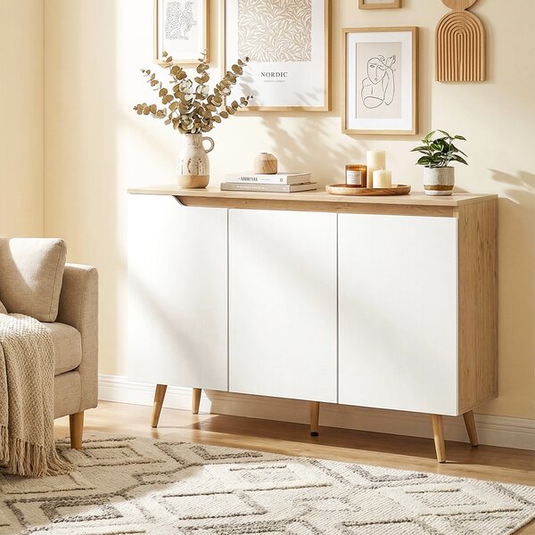 HOMCOM Credenza Moderna a 3 Ante con 3 Ripiani Regolabili e 5 Gambe in Legno, 107x35x76.5 cm, Bianco e Rovere | Aosom Italy