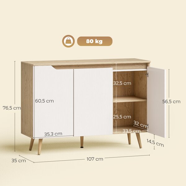HOMCOM Credenza Moderna a 3 Ante con 3 Ripiani Regolabili e 5 Gambe in Legno, 107x35x76.5 cm, Bianco e Rovere | Aosom Italy