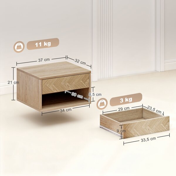 HOMCOM Set di 2 Comodini Sospesi Moderni con Cassetto e Vano Aperto, 37x32x21 cm, Legno Naturale | Aosom Italy