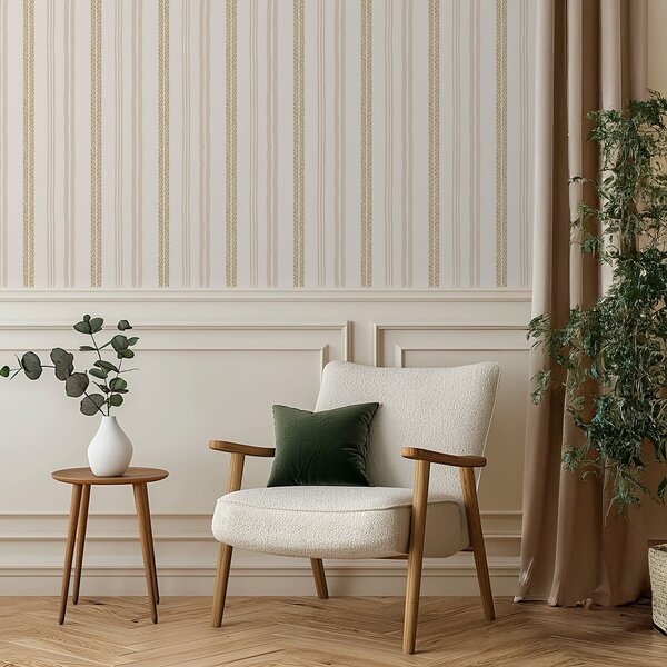 Carta da parati Righe verticali beige e ornamento a doppia treccia, Parati geometrica classici, Parati geometrica a righe classici, a01253 : Uwalls.it