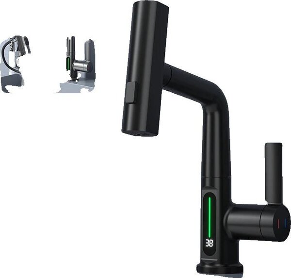 Miscelatore per lavabo, design estraibile, indicatore di temperatura, nero opaco
