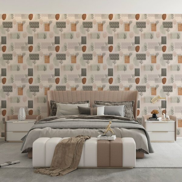 Carta da parati Composizione astratta con foglie e forme geometriche, Parati astratta classici, a01257 : Uwalls.it