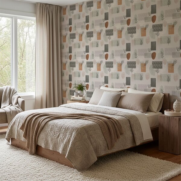 Carta da parati Composizione astratta con foglie e forme geometriche, Parati astratta classici, a01257 : Uwalls.it