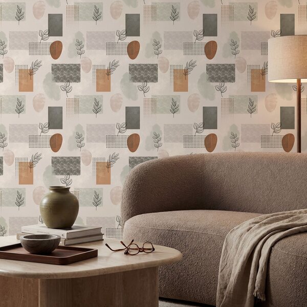 Carta da parati Composizione astratta con foglie e forme geometriche, Parati astratta classici, a01257 : Uwalls.it
