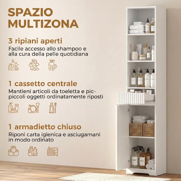 HOMCOM Mobile da Bagno Alto con 3 Ripiani Aperti, 1 Cassetto e 1 Armadietto Regolabile, 33x30x172 cm, Bianco | Aosom Italy
