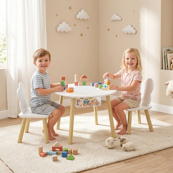 AIYAPLAY Tavolo per Bambini con Sedie e Contenitore, Set di Mobili per Bambini in 3 Pezzi per Stanza Giochi e Cameretta, Bianco e Naturale | Aosom Italy
