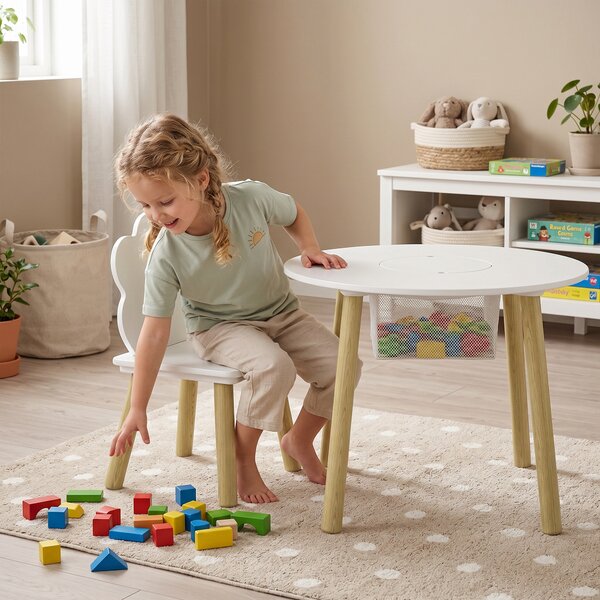AIYAPLAY Tavolo per Bambini con Sedie e Contenitore, Set di Mobili per Bambini in 3 Pezzi per Stanza Giochi e Cameretta, Bianco e Naturale | Aosom Italy