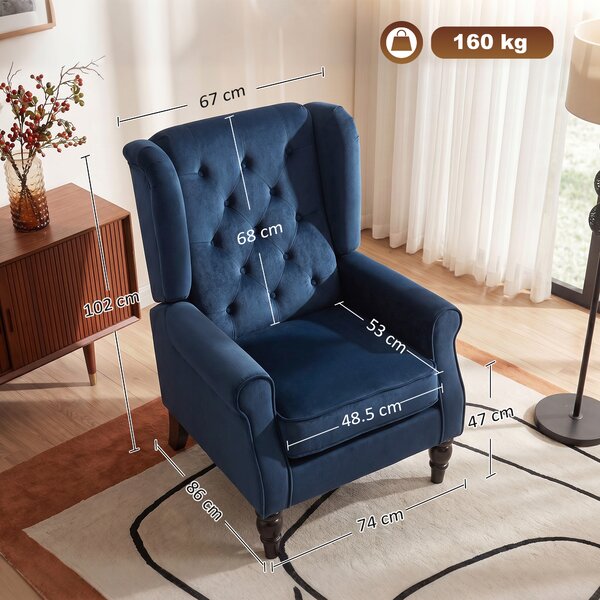 HOMCOM Poltrona da Salotto Capitoné con Seduta Ampia e Piedi in Legno, Stile Classico, Grande Comfort, 74x86x102 cm, Blu Scuro | Aosom Italy