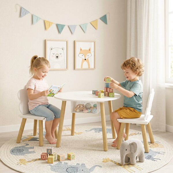 AIYAPLAY Tavolo per Bambini con Sedie e Contenitore, Set di Mobili per Bambini in 3 Pezzi per Stanza Giochi e Cameretta, Bianco e Naturale | Aosom Italy