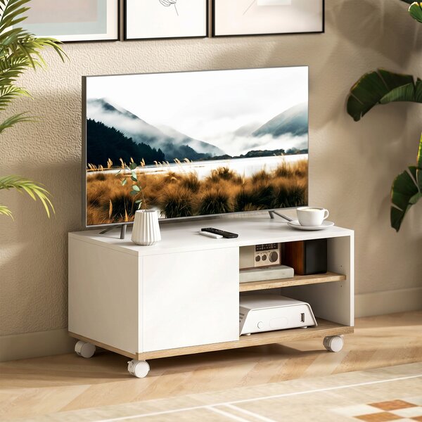 HOMCOM Mobili Porta TV su Ruote con Freni, Armadietto e Ripiano Regolabile, Bianco e Rovere | Aosom Italy
