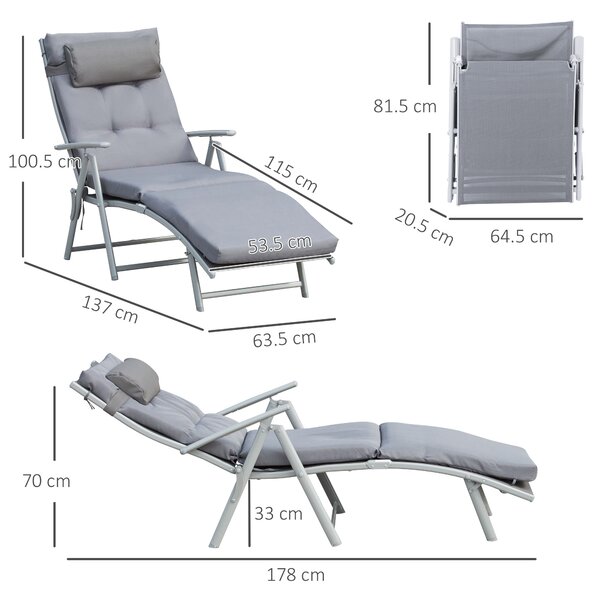 Outsunny Sdraio da Giardino Pieghevole con Materassino e Cuscino, Schienale con 7 Reclinazioni, 137x63.5x100.5cm, Grigio|Aosom